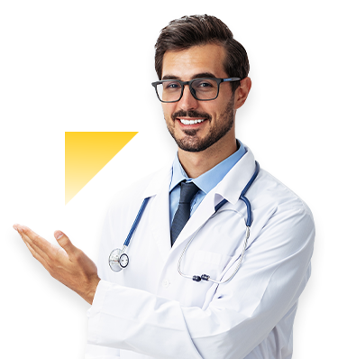 doctor con gafas senalando a un lado con su mano